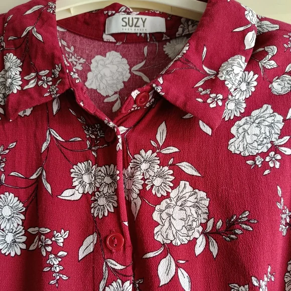 M🌺Floral Collared Button Up Maxi Dress Fushia/Magenta&White - Picture 2 of 8